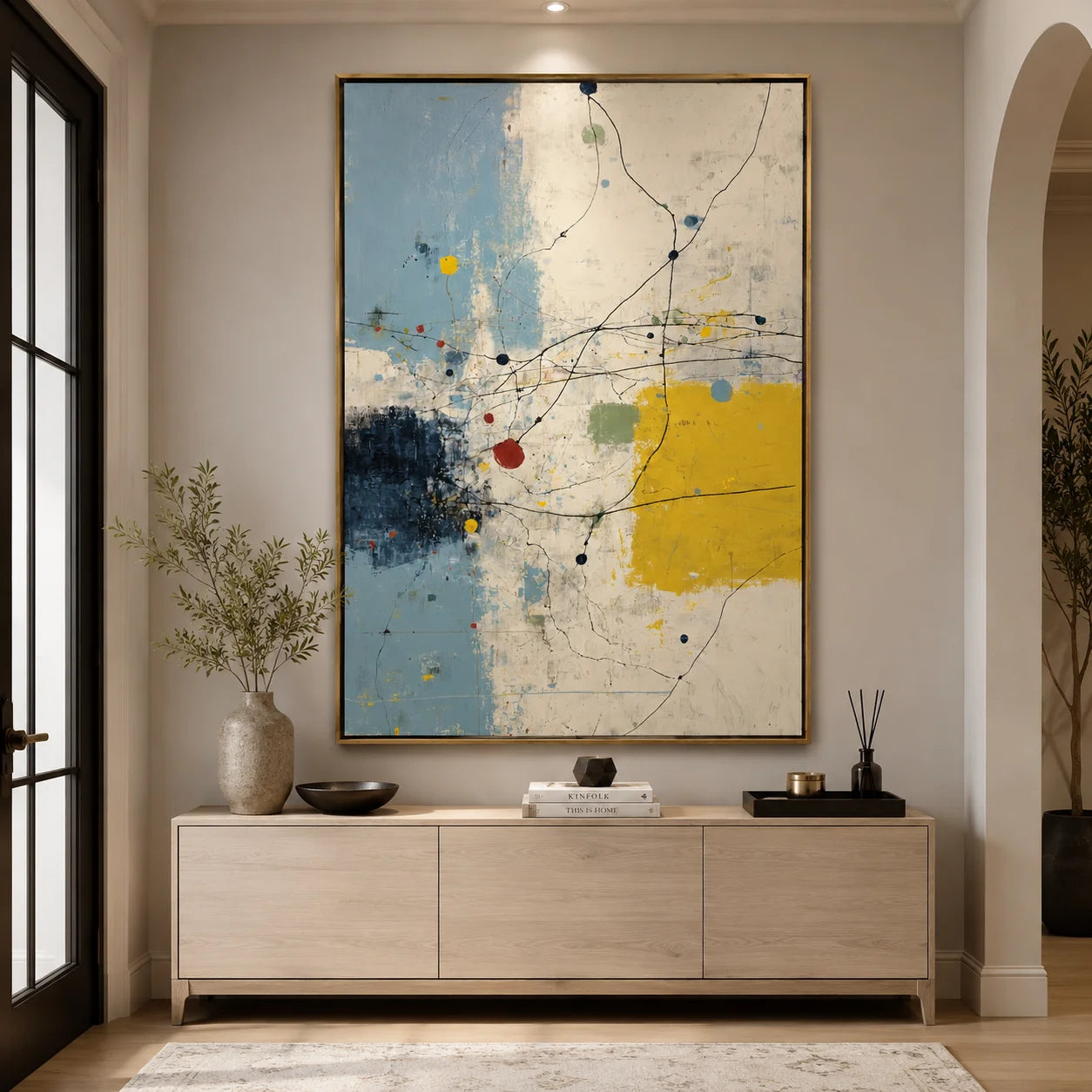 Hand-Painted Modern Abstract Oil Painting, Blue and Yellow Textured Canvas Wall Art for Contemporary Home Decor#OA 0937