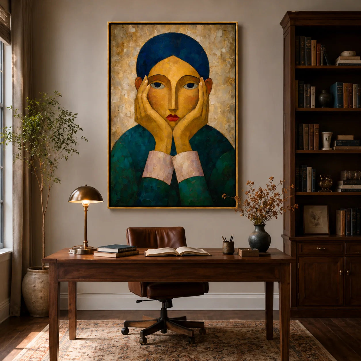 Hand-Painted Modern Female Portrait Oil Painting, Textured Figurative Canvas Wall Art for Contemporary Home Decor#OA 0942