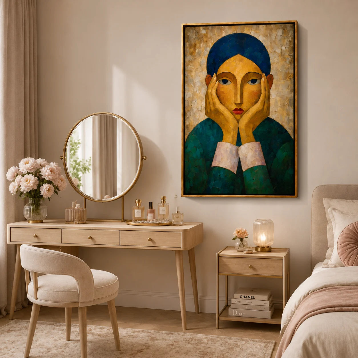 Hand-Painted Modern Female Portrait Oil Painting, Textured Figurative Canvas Wall Art for Contemporary Home Decor#OA 0942