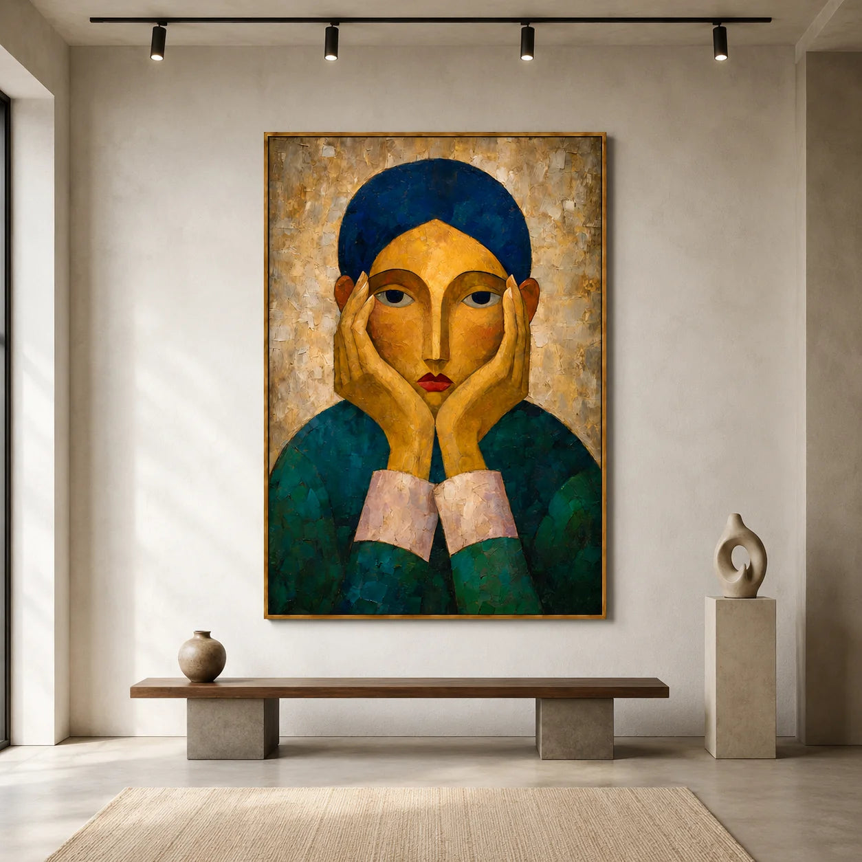 Hand-Painted Modern Female Portrait Oil Painting, Textured Figurative Canvas Wall Art for Contemporary Home Decor#OA 0942