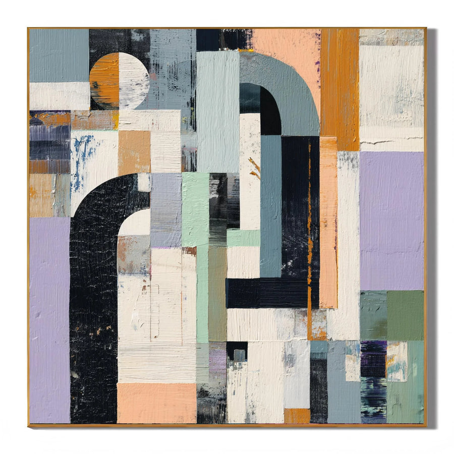 Hand-Painted Modern Geometric Abstract Oil Painting, Textured Arch and Color Block Canvas Wall Art in Sage Green, Lavender, Black and Mustard Yellow # OA 1155