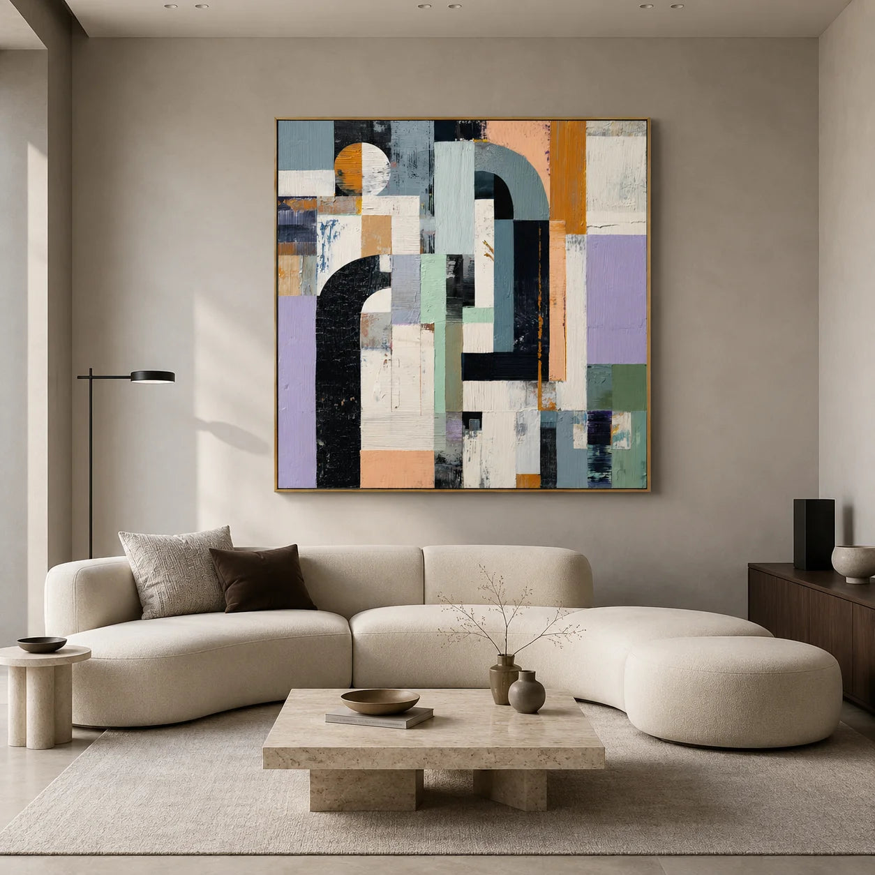 Hand-Painted Modern Geometric Abstract Oil Painting, Textured Arch and Color Block Canvas Wall Art in Sage Green, Lavender, Black and Mustard Yellow # OA 1155