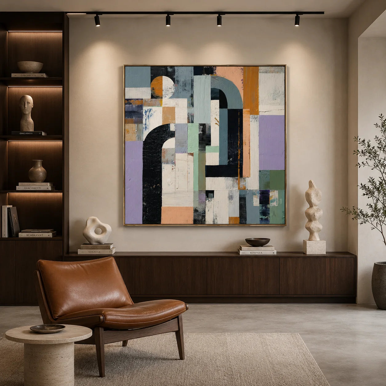 Hand-Painted Modern Geometric Abstract Oil Painting, Textured Arch and Color Block Canvas Wall Art in Sage Green, Lavender, Black and Mustard Yellow # OA 1155