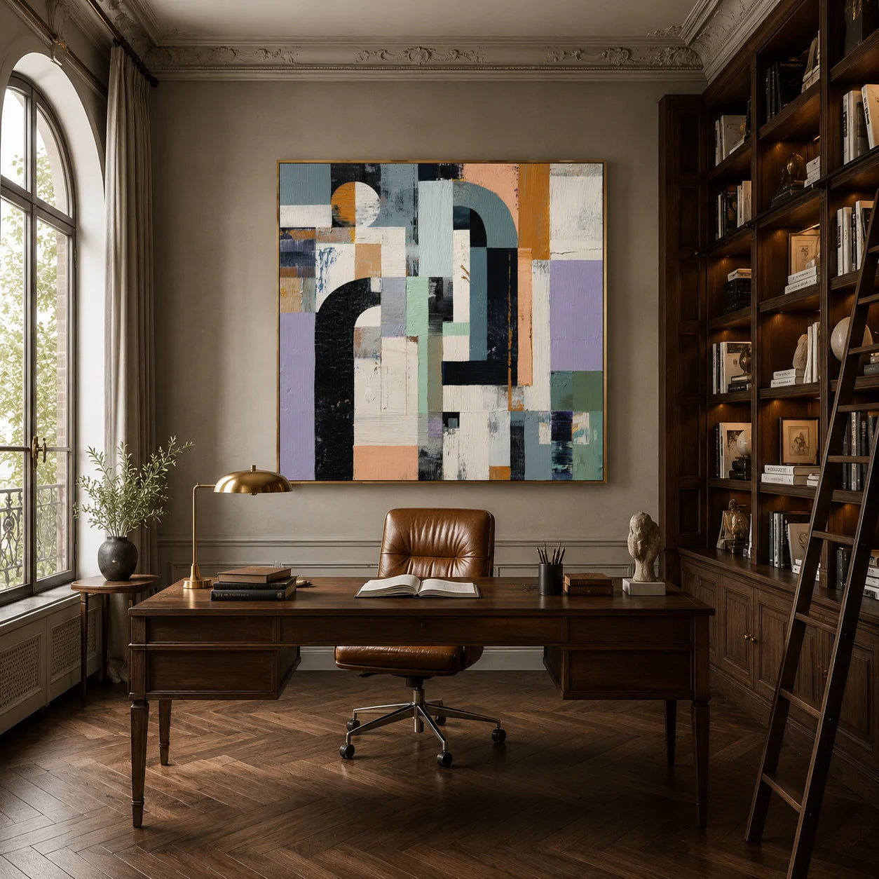 Hand-Painted Modern Geometric Abstract Oil Painting, Textured Arch and Color Block Canvas Wall Art in Sage Green, Lavender, Black and Mustard Yellow # OA 1155