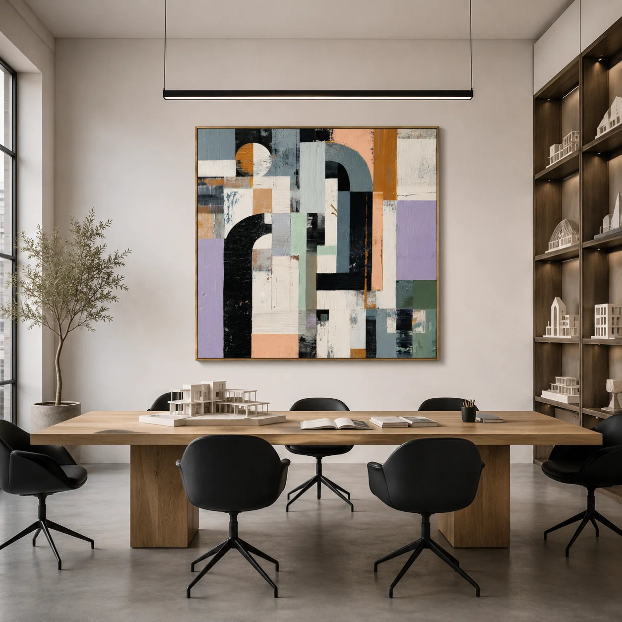 Hand-Painted Modern Geometric Abstract Oil Painting, Textured Arch and Color Block Canvas Wall Art in Sage Green, Lavender, Black and Mustard Yellow # OA 1155