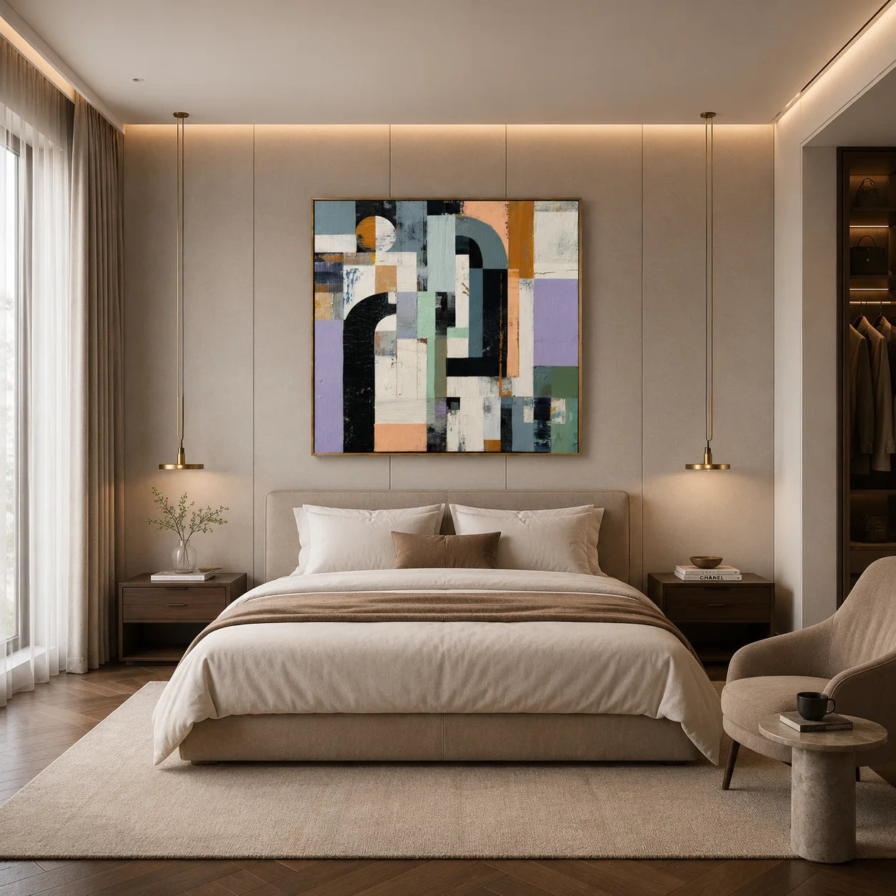 Hand-Painted Modern Geometric Abstract Oil Painting, Textured Arch and Color Block Canvas Wall Art in Sage Green, Lavender, Black and Mustard Yellow # OA 1155