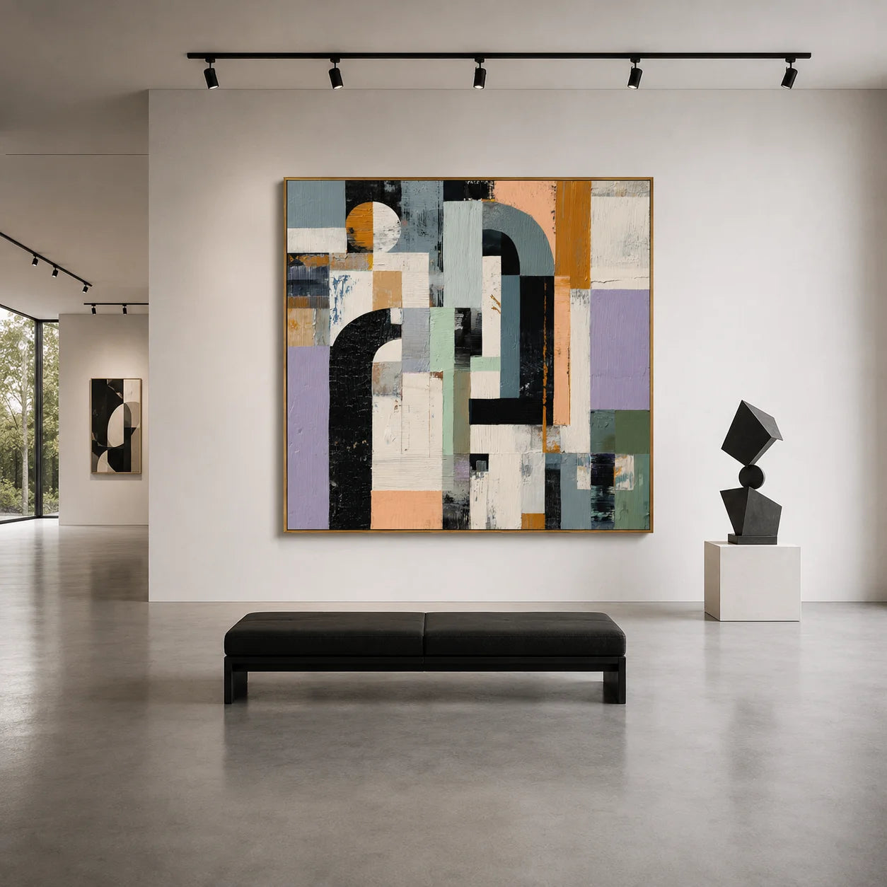 Hand-Painted Modern Geometric Abstract Oil Painting, Textured Arch and Color Block Canvas Wall Art in Sage Green, Lavender, Black and Mustard Yellow # OA 1155