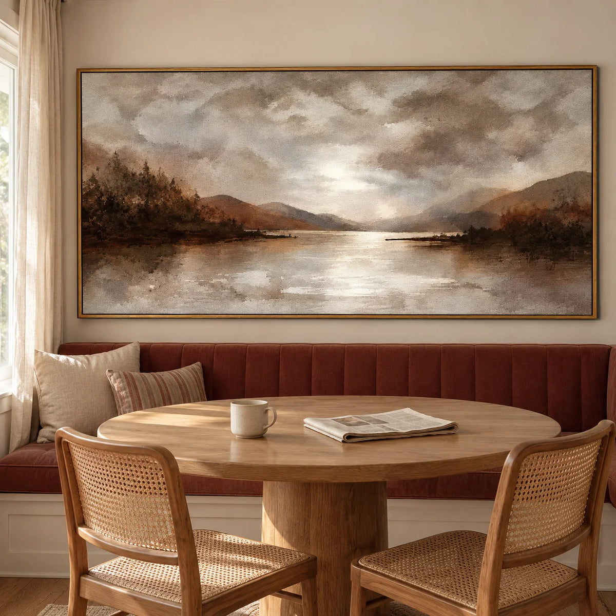 Ownanart Hand-Painted Mountain Lake Oil Painting – Moody Clouds, Forest Shores and Reflected Light, Neutral Horizontal Landscape Wall Art