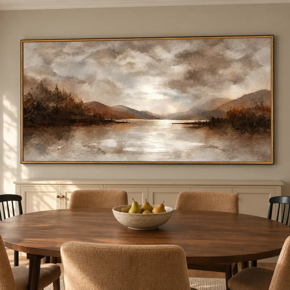 Ownanart Hand-Painted Mountain Lake Oil Painting – Moody Clouds, Forest Shores and Reflected Light, Neutral Horizontal Landscape Wall Art