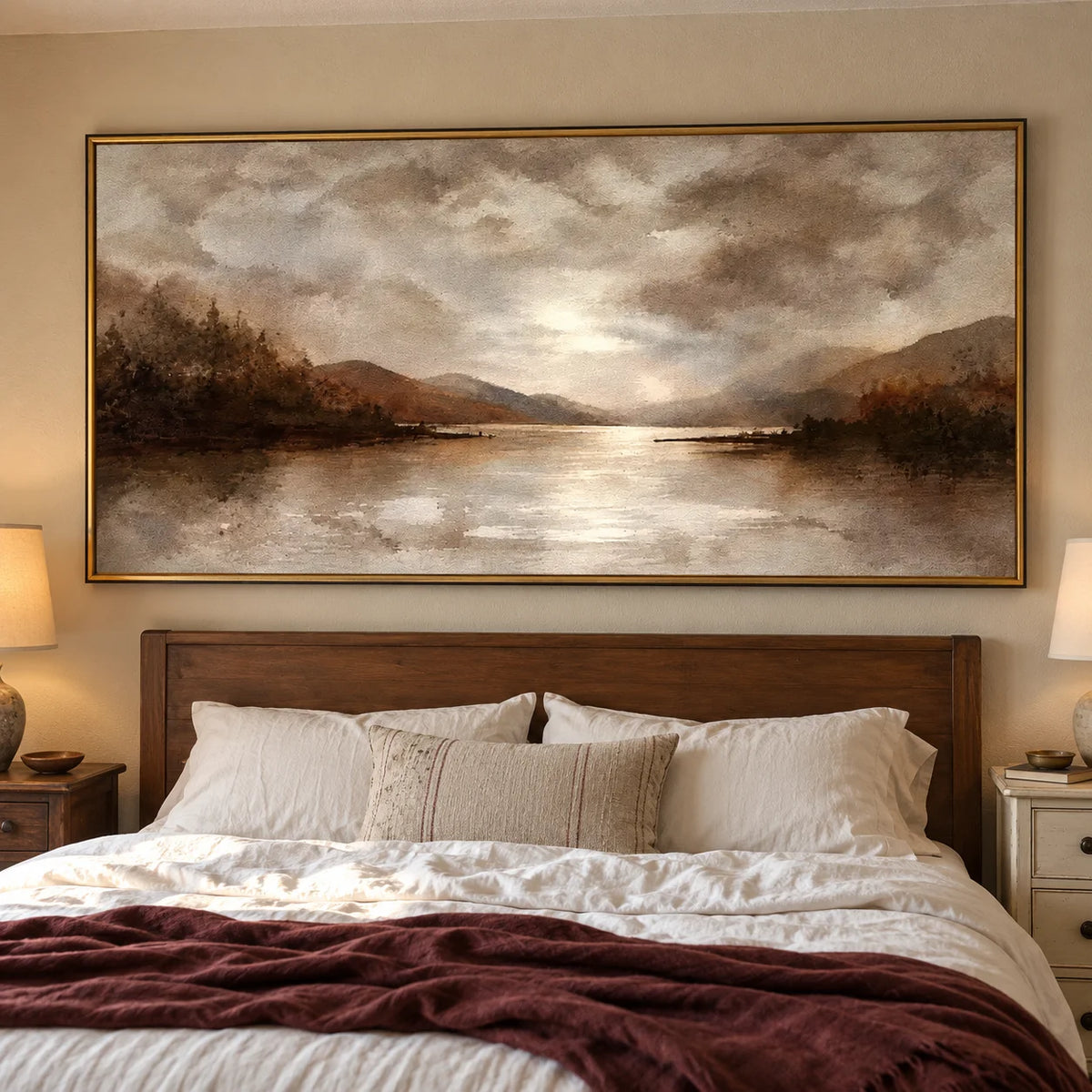 Ownanart Hand-Painted Mountain Lake Oil Painting – Moody Clouds, Forest Shores and Reflected Light, Neutral Horizontal Landscape Wall Art