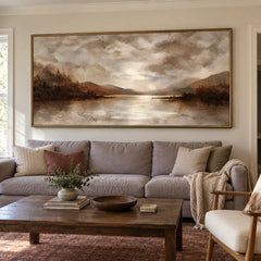 Ownanart Hand-Painted Mountain Lake Oil Painting – Moody Clouds, Forest Shores and Reflected Light, Neutral Horizontal Landscape Wall Art #OA 1451