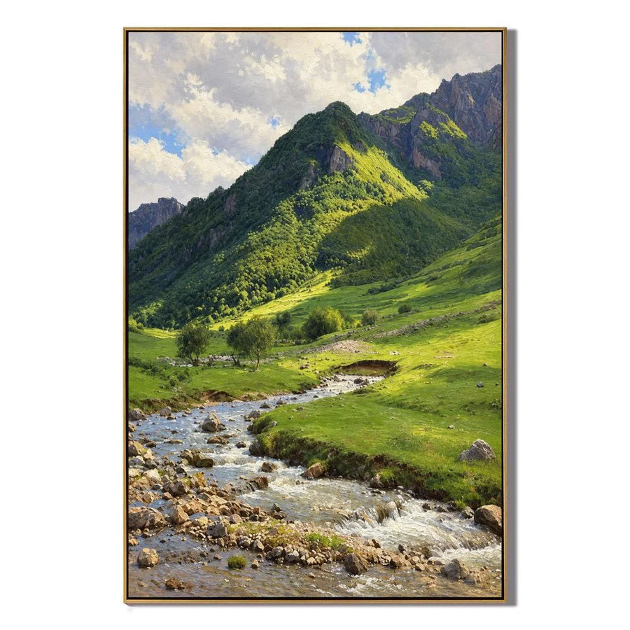 Ownanart Hand-Painted Mountain Stream Oil Painting – Sunlit Green Valley and Rocky Creek Landscape Wall Art #OA 1401