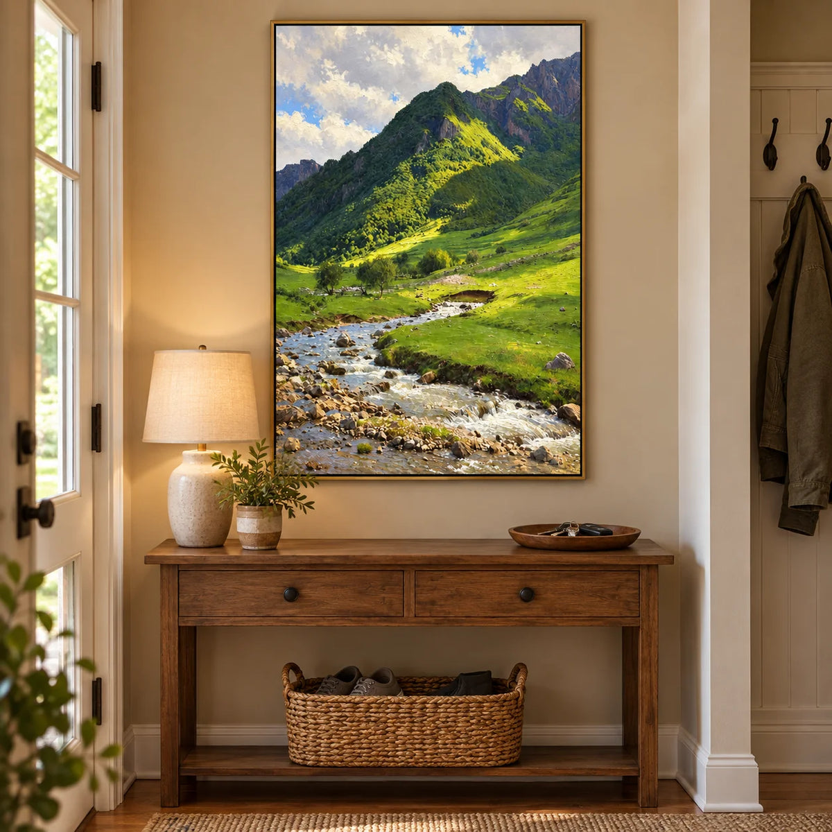 Ownanart Hand-Painted Mountain Stream Oil Painting – Sunlit Green Valley and Rocky Creek Landscape