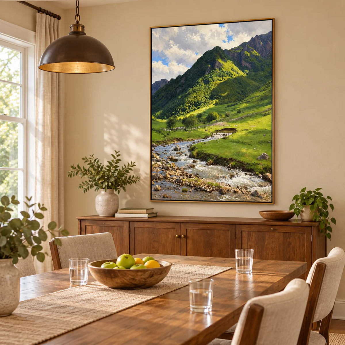Ownanart Hand-Painted Mountain Stream Oil Painting – Sunlit Green Valley and Rocky Creek Landscape