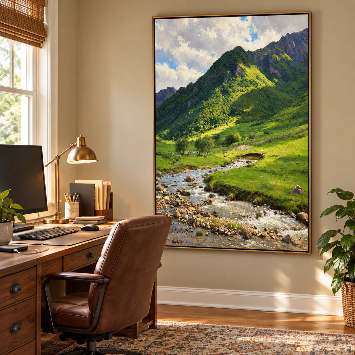 Ownanart Hand-Painted Mountain Stream Oil Painting – Sunlit Green Valley and Rocky Creek Landscape