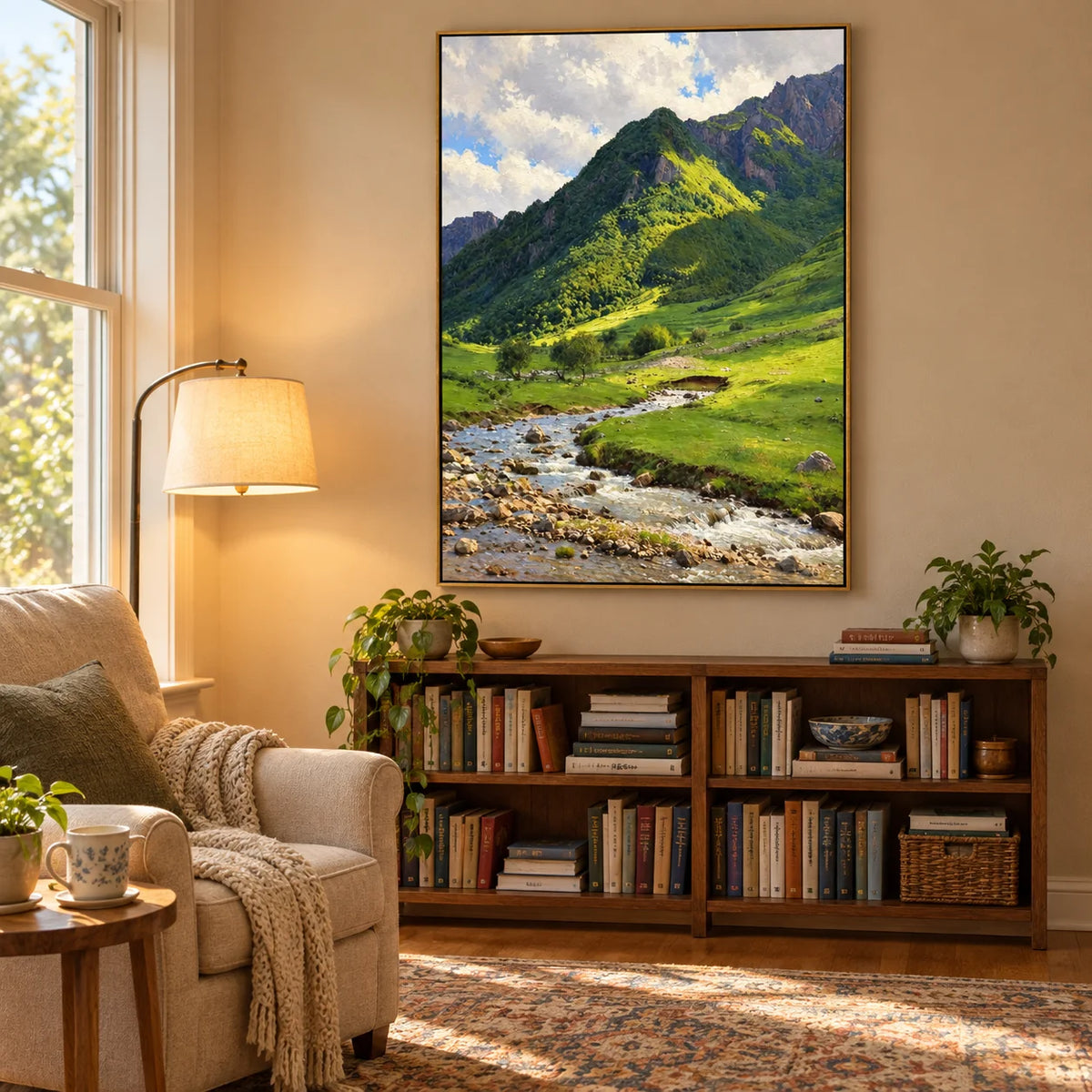 Ownanart Hand-Painted Mountain Stream Oil Painting – Sunlit Green Valley and Rocky Creek Landscape
