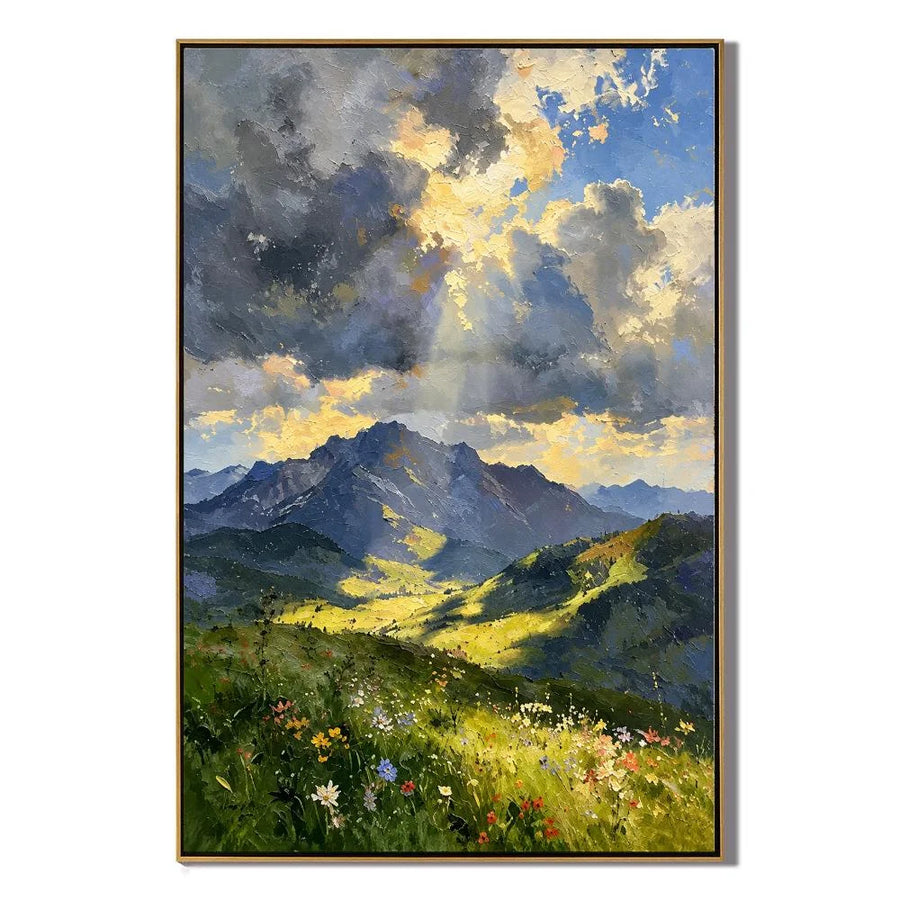 Ownanart Hand-Painted Mountain Valley Oil Painting – Sunlight Through Storm Clouds, Wildflower Meadow Landscape Wall Art #OA 1400