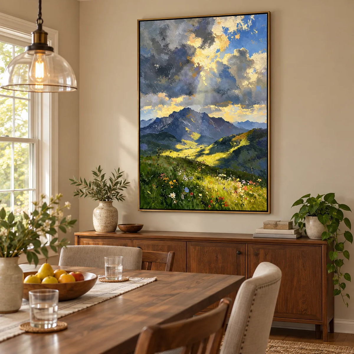 Ownanart Hand-Painted Mountain Valley Oil Painting – Sunlight Through Storm Clouds, Wildflower Meadow Landscape Wall Art #OA 1400