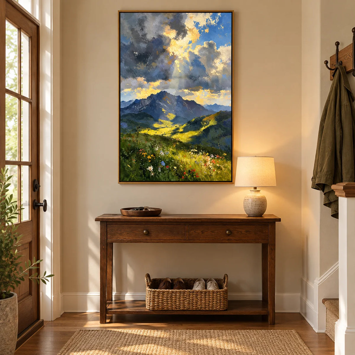 Ownanart Hand-Painted Mountain Valley Oil Painting – Sunlight Through Storm Clouds, Wildflower Meadow Landscape Wall Art