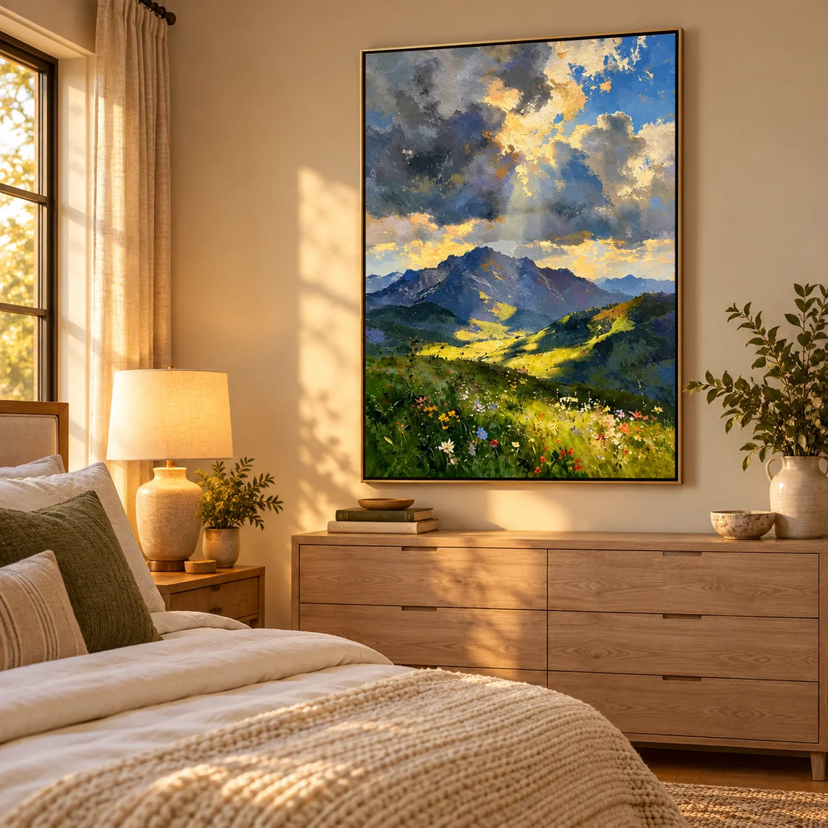 Ownanart Hand-Painted Mountain Valley Oil Painting – Sunlight Through Storm Clouds, Wildflower Meadow Landscape Wall Art