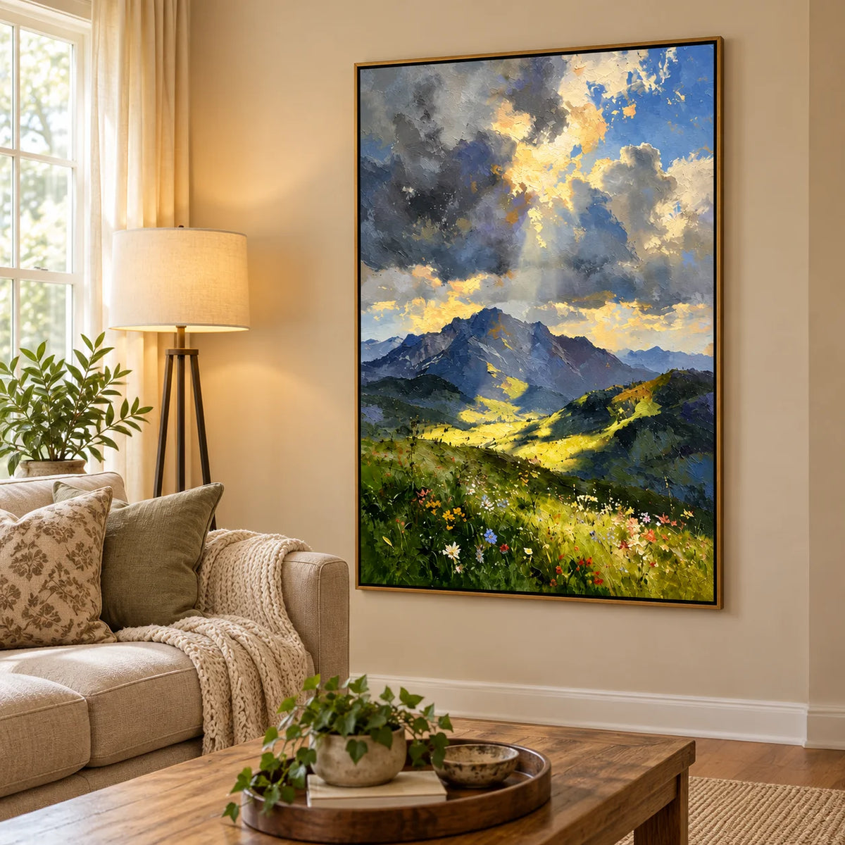 Ownanart Hand-Painted Mountain Valley Oil Painting – Sunlight Through Storm Clouds, Wildflower Meadow Landscape Wall Art
