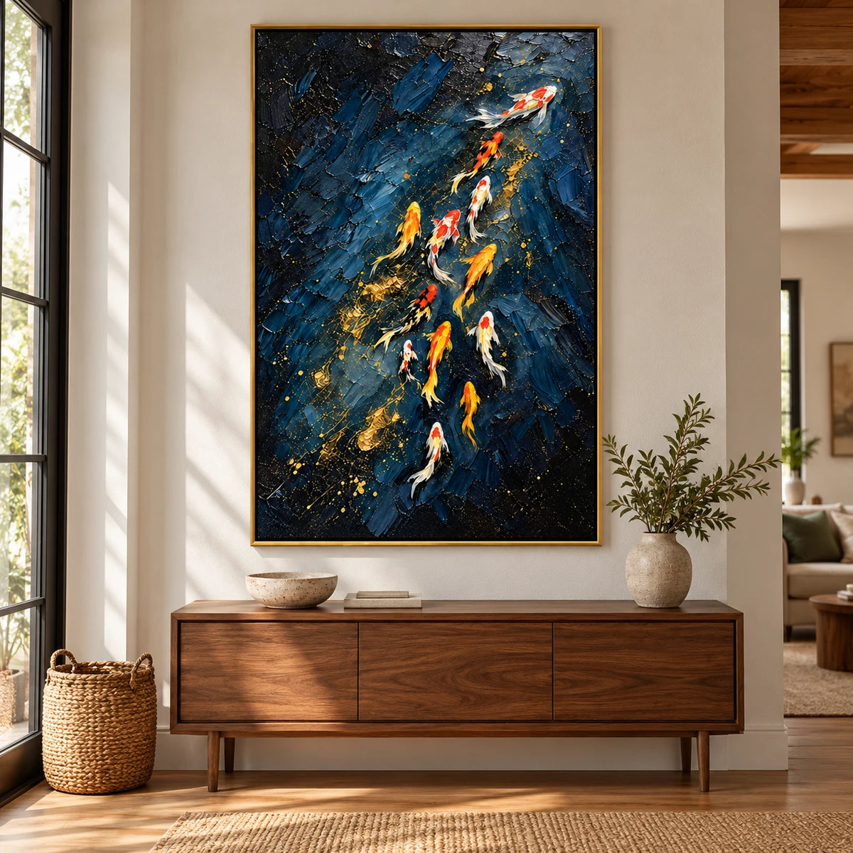 Ownanart Hand-Painted Navy Blue and Gold Koi Fish Oil Painting – 3D Textured Vertical Impasto Canvas Wall Art for Living Room Bedroom Entryway and Office #OA 1591