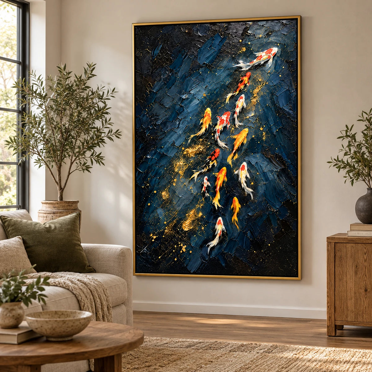 Ownanart Hand-Painted Navy Blue and Gold Koi Fish Oil Painting – 3D Textured Vertical Impasto Canvas Wall Art for Living Room Bedroom Entryway and Office #OA 1591