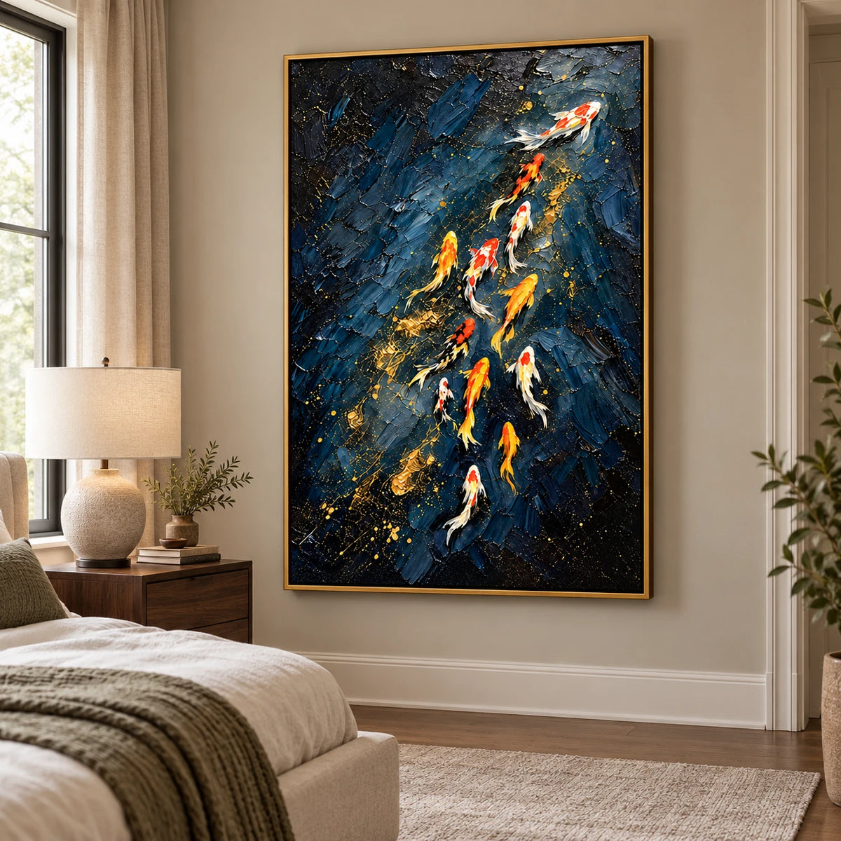 Ownanart Hand-Painted Navy Blue and Gold Koi Fish Oil Painting – 3D Textured Vertical Impasto Canvas Wall Art for Living Room Bedroom Entryway and Office #OA 1591