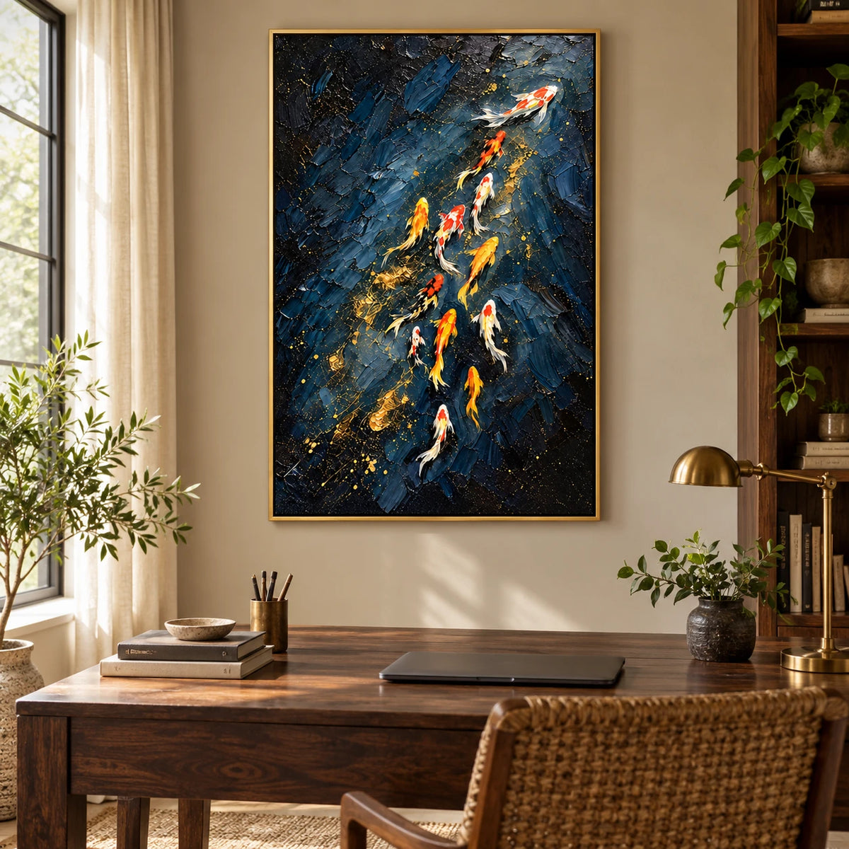 Ownanart Hand-Painted Navy Blue and Gold Koi Fish Oil Painting – 3D Textured Vertical Impasto Canvas Wall Art for Living Room Bedroom Entryway and Office #OA 1591
