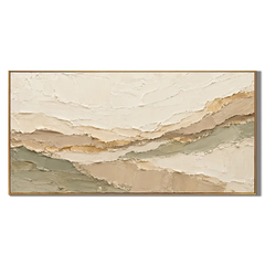 Ownanart Hand-Painted Neutral Abstract Landscape Oil Painting – Cream, Beige & Sage Green Layers, Panoramic Textured Wall Art #OA 1419