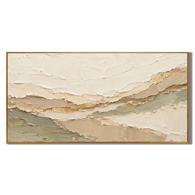 Ownanart Hand-Painted Neutral Abstract Landscape Oil Painting – Cream, Beige & Sage Green Layers, Panoramic Textured Wall Art #OA 1419