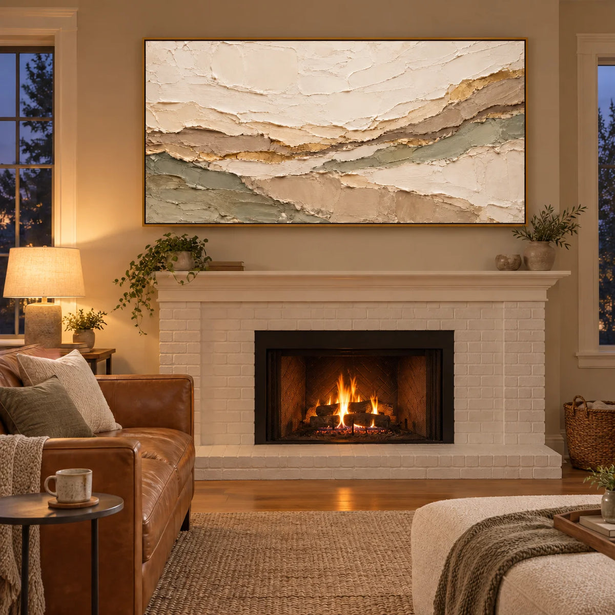 Ownanart Hand-Painted Neutral Abstract Landscape Oil Painting – Cream, Beige & Sage Green Layers, Panoramic Textured Wall Art