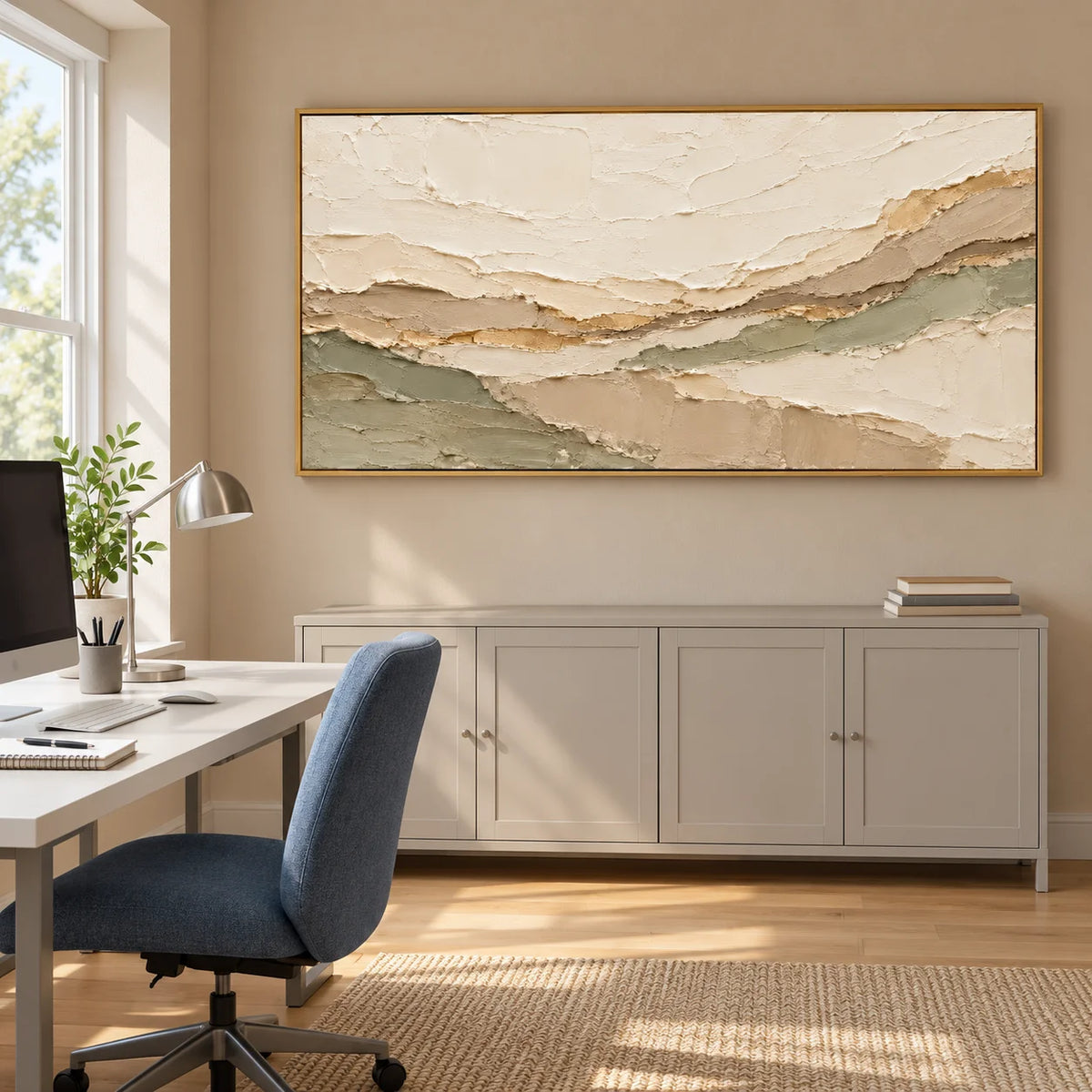 Ownanart Hand-Painted Neutral Abstract Landscape Oil Painting – Cream, Beige & Sage Green Layers, Panoramic Textured Wall Art