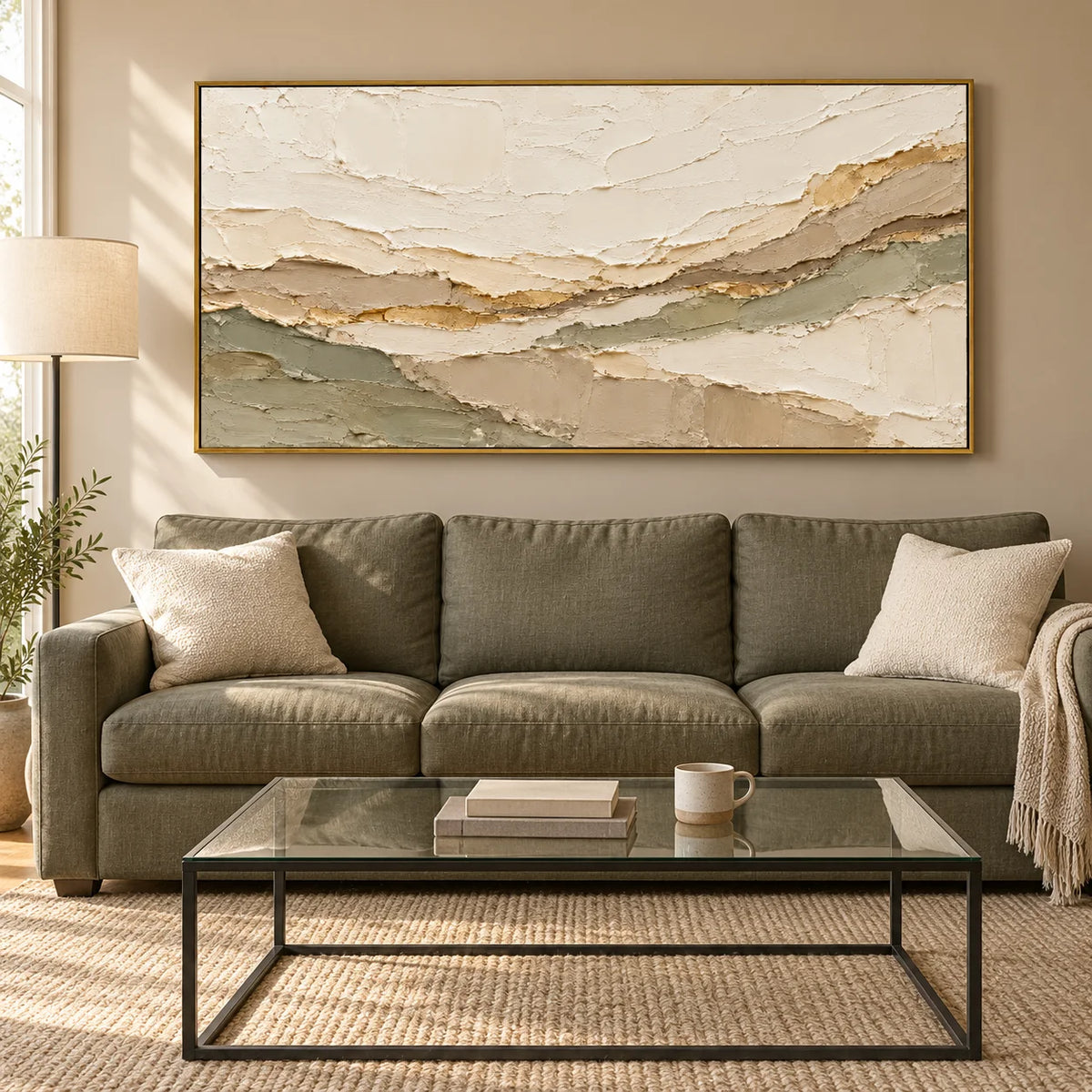 Ownanart Hand-Painted Neutral Abstract Landscape Oil Painting – Cream, Beige & Sage Green Layers, Panoramic Textured Wall Art