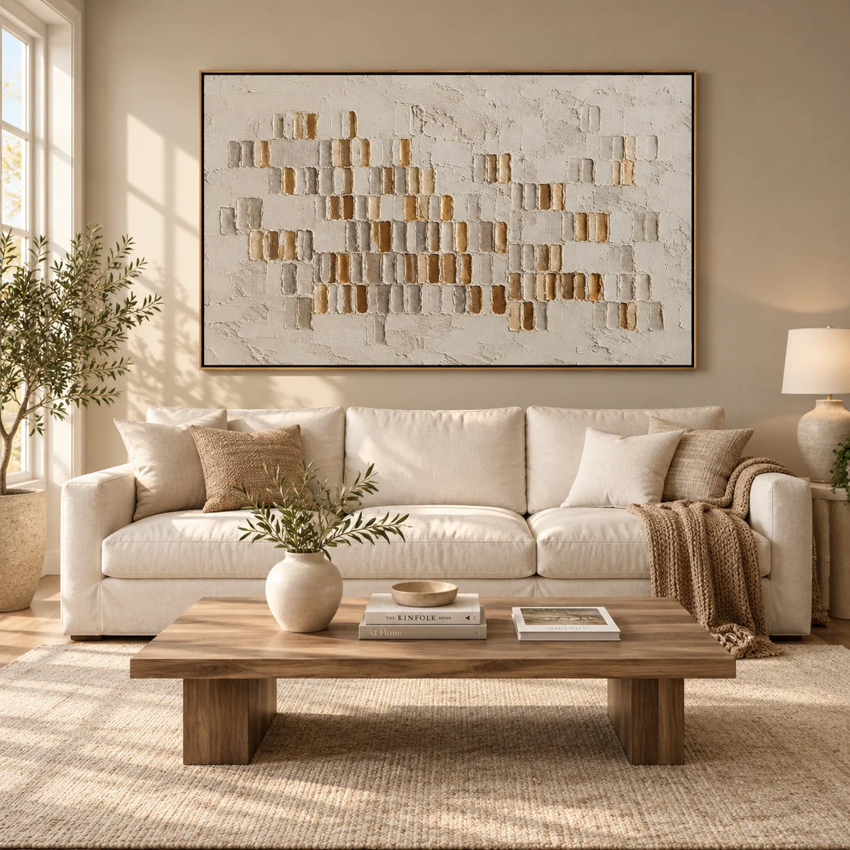 Ownanart Hand-Painted Neutral Abstract Textured Oil Painting – Beige Cream and Gold 3D Geometric Impasto Wall Art for Modern Living Room