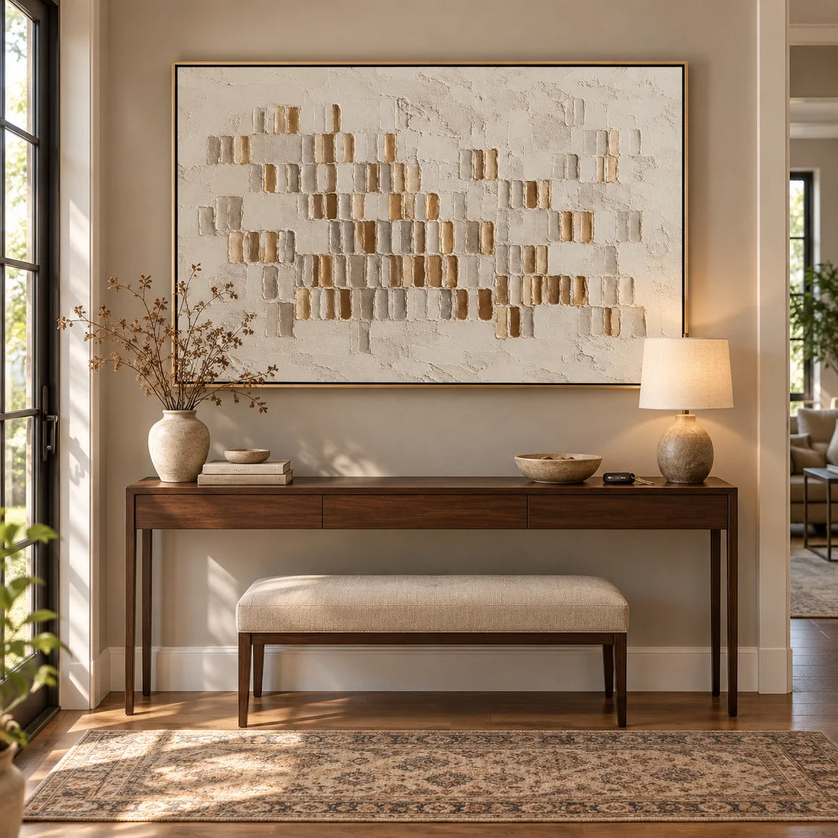 Ownanart Hand-Painted Neutral Abstract Textured Oil Painting – Beige Cream and Gold 3D Geometric Impasto Wall Art for Modern Living Room