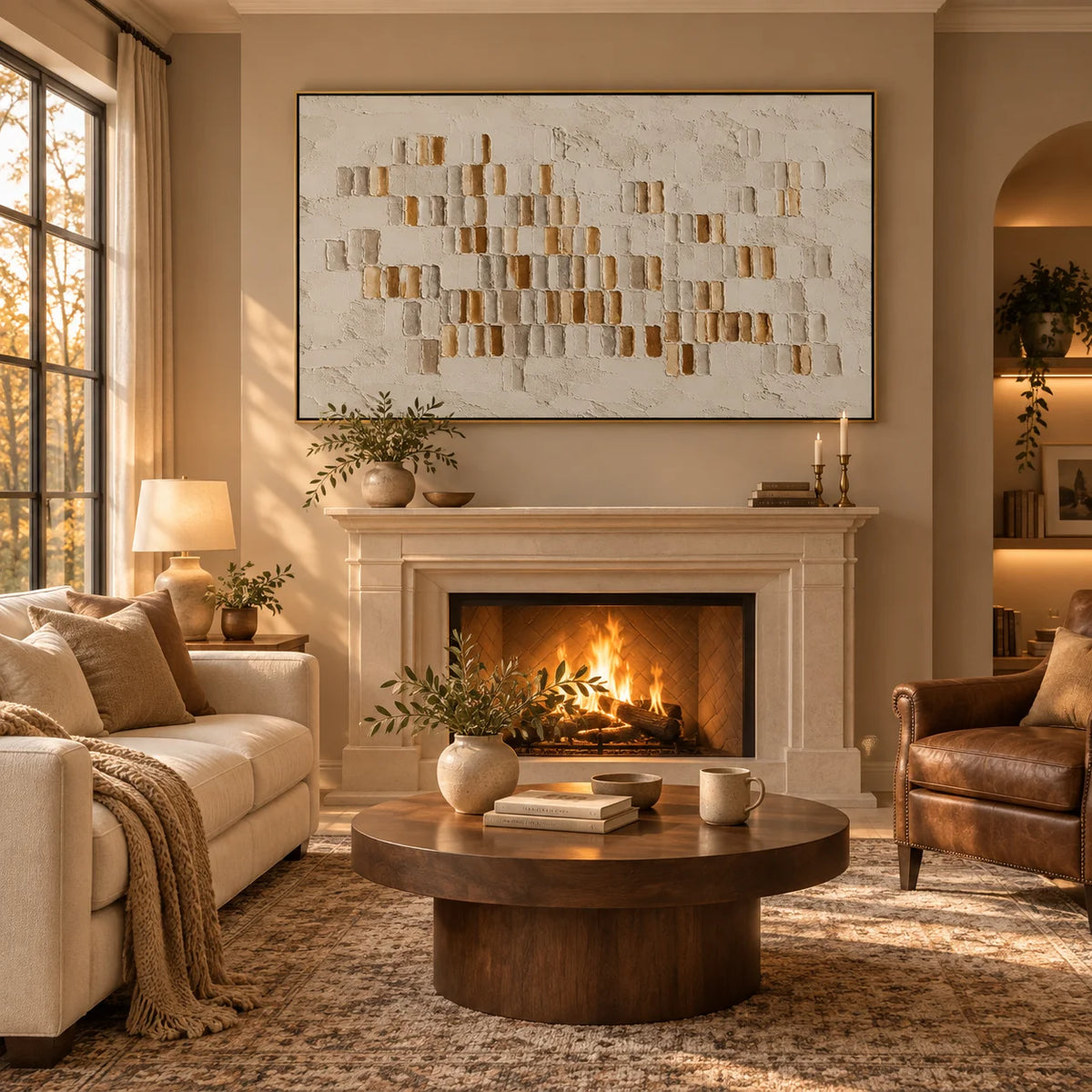 Ownanart Hand-Painted Neutral Abstract Textured Oil Painting – Beige Cream and Gold 3D Geometric Impasto Wall Art for Modern Living Room