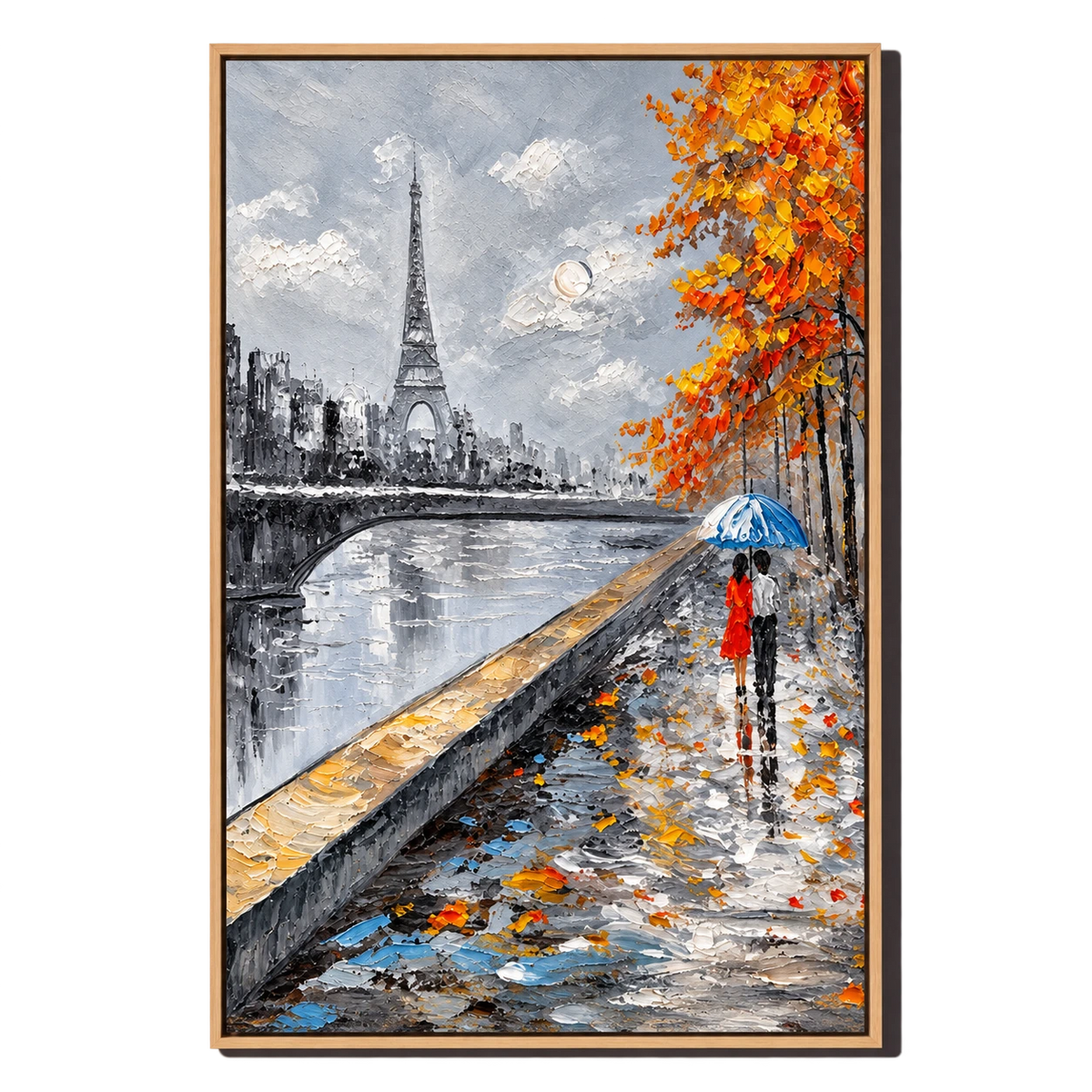 Ownanart Hand-Painted Paris Eiffel Tower and Couple under a Blue Umbrella Oil Painting – 3D Textured Vertical Impasto Canvas Wall Art for Living Room Bedroom Entryway and Office #OA 1592