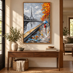 Paris Eiffel Tower and Couple under a Blue Umbrella Oil Painting – 3D Textured Vertical Impasto Canvas Wall Art #OA 1592