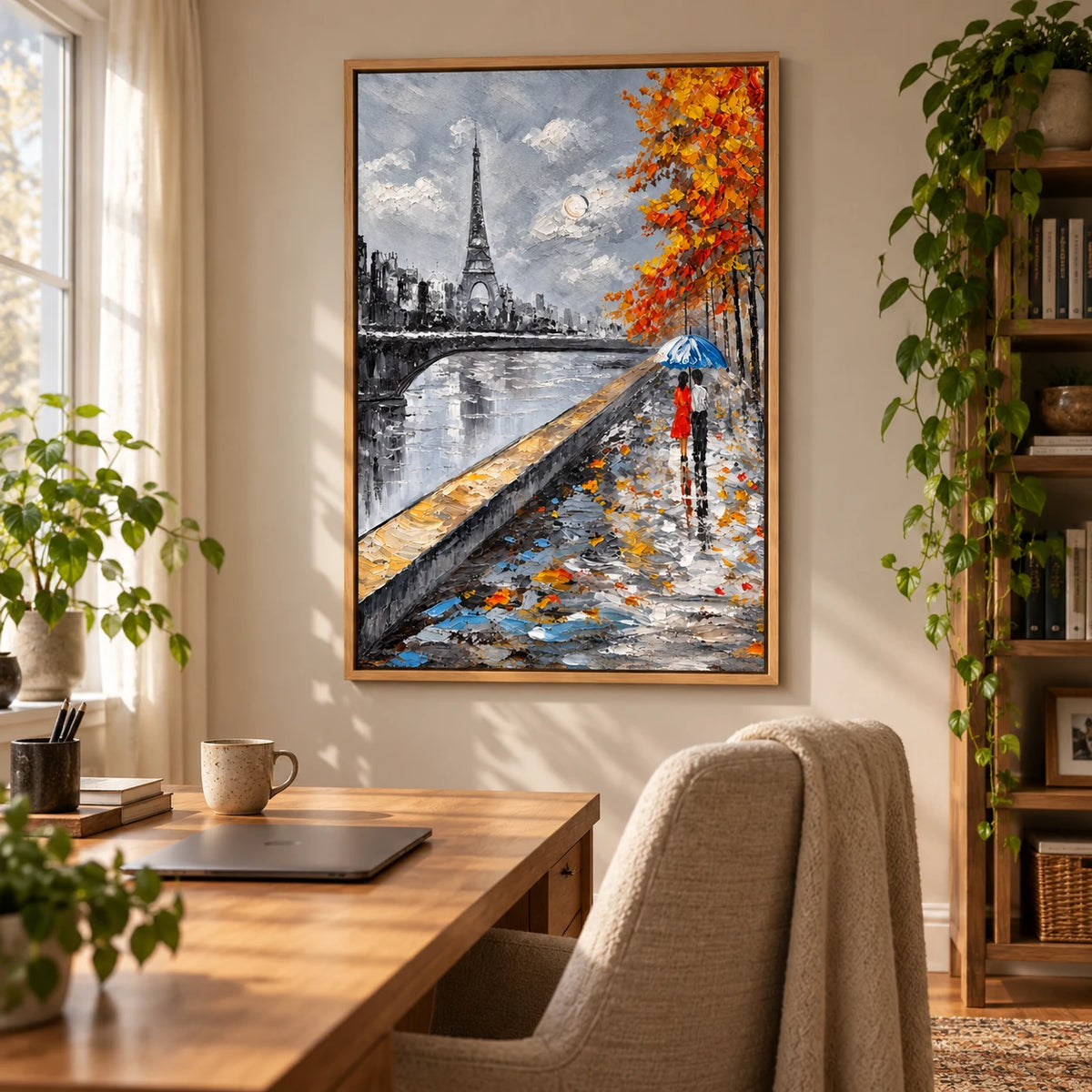 Ownanart Hand-Painted Paris Eiffel Tower and Couple under a Blue Umbrella Oil Painting – 3D Textured Vertical Impasto Canvas Wall Art for Living Room Bedroom Entryway and Office #OA 1592