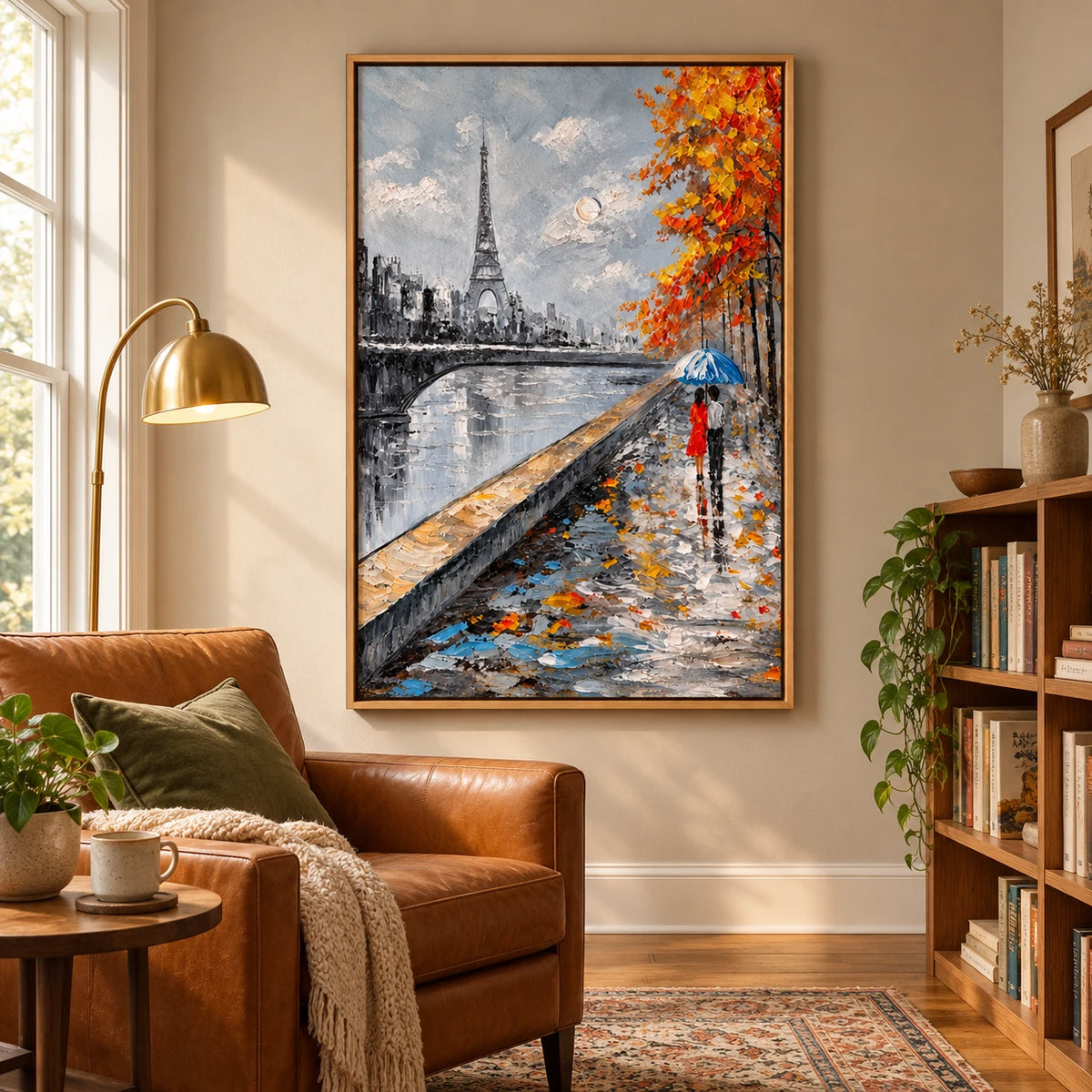 Ownanart Hand-Painted Paris Eiffel Tower and Couple under a Blue Umbrella Oil Painting – 3D Textured Vertical Impasto Canvas Wall Art for Living Room Bedroom Entryway and Office #OA 1592