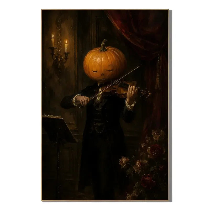 Ownanart Hand-Painted Pumpkin Head Violinist Oil Painting | Gothic Halloween Wall Art | Dark Academia Vintage Music Artwork | Whimsical Autumn Decor for Living Room, Bedroom & Entryway # OA 1291
