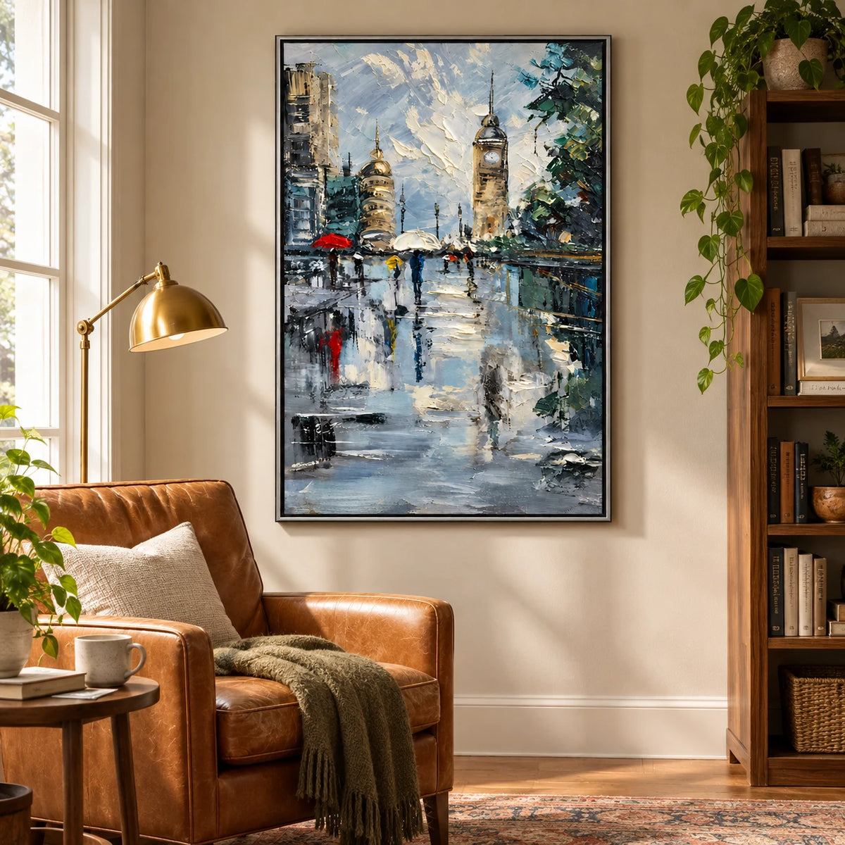 Ownanart Hand-Painted Rainy City Square with Clock Tower and Colorful Umbrellas Oil Painting – 3D Textured Vertical Impasto Canvas Wall Art for Living Room Bedroom Entryway and Office #OA 1593