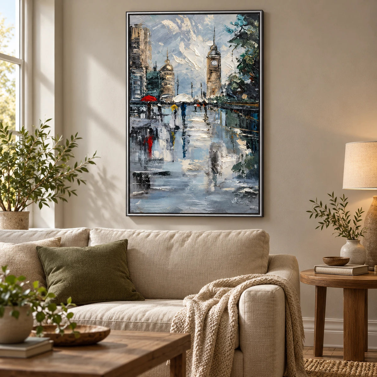 Ownanart Hand-Painted Rainy City Square with Clock Tower and Colorful Umbrellas Oil Painting – 3D Textured Vertical Impasto Canvas Wall Art for Living Room Bedroom Entryway and Office #OA 1593