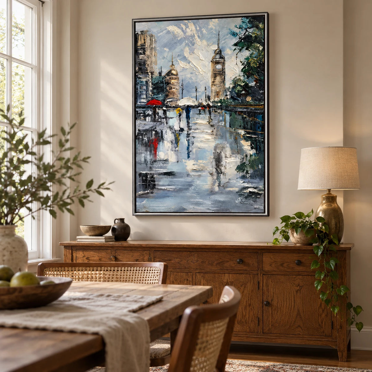 Ownanart Hand-Painted Rainy City Square with Clock Tower and Colorful Umbrellas Oil Painting – 3D Textured Vertical Impasto Canvas Wall Art for Living Room Bedroom Entryway and Office #OA 1593