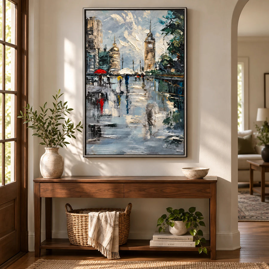 Rainy City Square with Clock Tower and Colorful Umbrellas Oil Painting – 3D Textured Vertical Impasto Canvas Wall Art #OA 1593