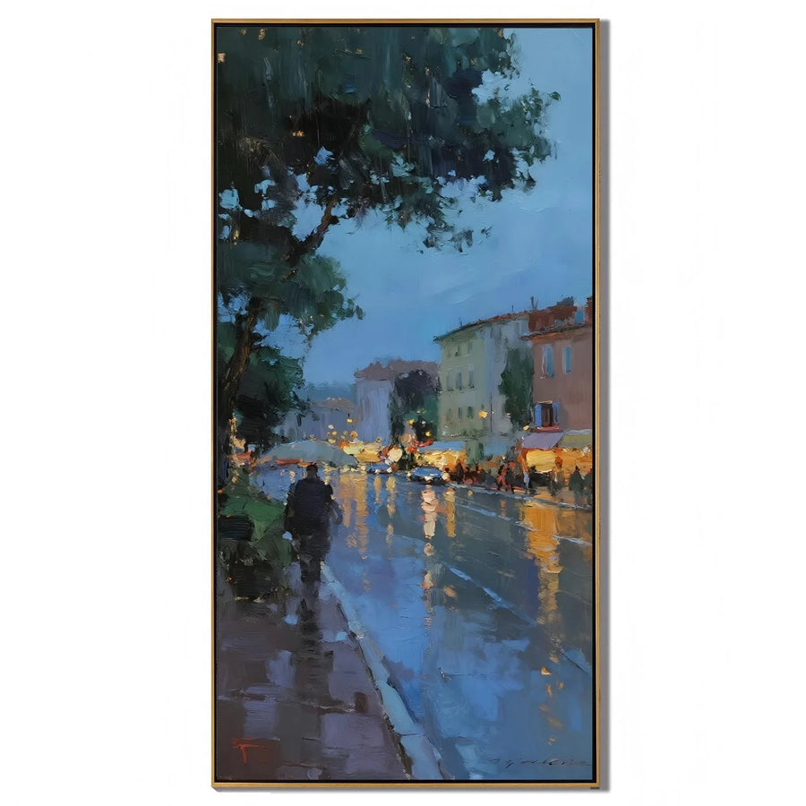 Ownanart Hand-Painted Rainy City Street Oil Painting | Modern Impressionist Blue Evening Rain Scene with Warm Lights & Reflections | European Urban Landscape Wall Art for Living Room and Bedroom # OA 1352