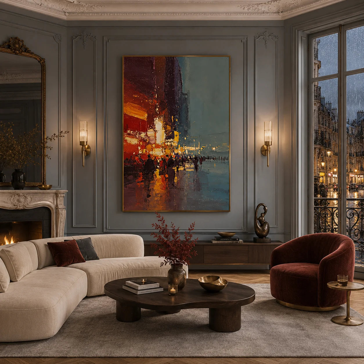Ownanart Hand-Painted Rainy City Street Oil Painting | Modern Impressionist Urban Night Scene with Red & Golden Lights, Wet Street Reflections & Textured Wall Art for Living Room and Bedroom # OA 1357
