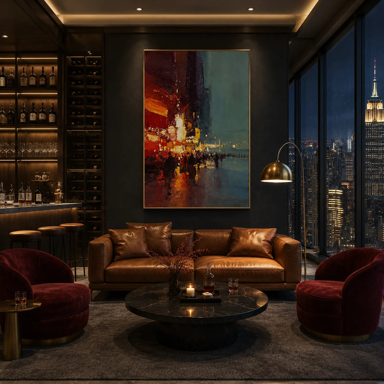 Ownanart Hand-Painted Rainy City Street Oil Painting | Modern Impressionist Urban Night Scene with Red & Golden Lights, Wet Street Reflections & Textured Wall Art for Living Room and Bedroom # OA 1357