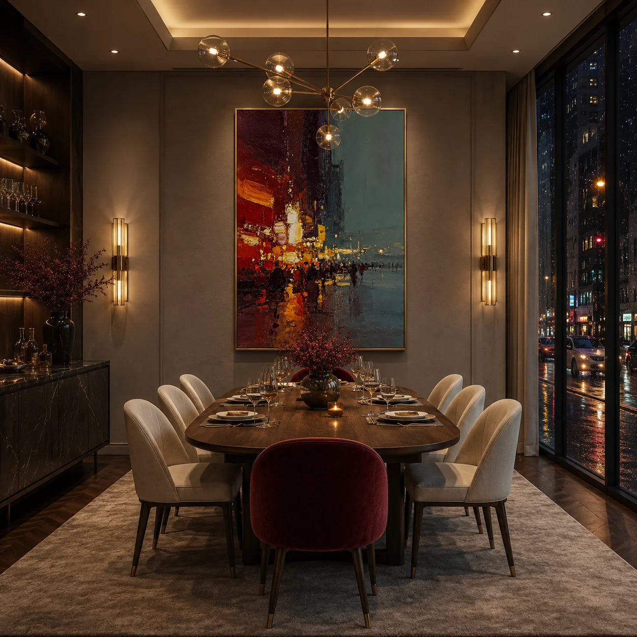 Ownanart Hand-Painted Rainy City Street Oil Painting | Modern Impressionist Urban Night Scene with Red & Golden Lights, Wet Street Reflections & Textured Wall Art for Living Room and Bedroom # OA 1357